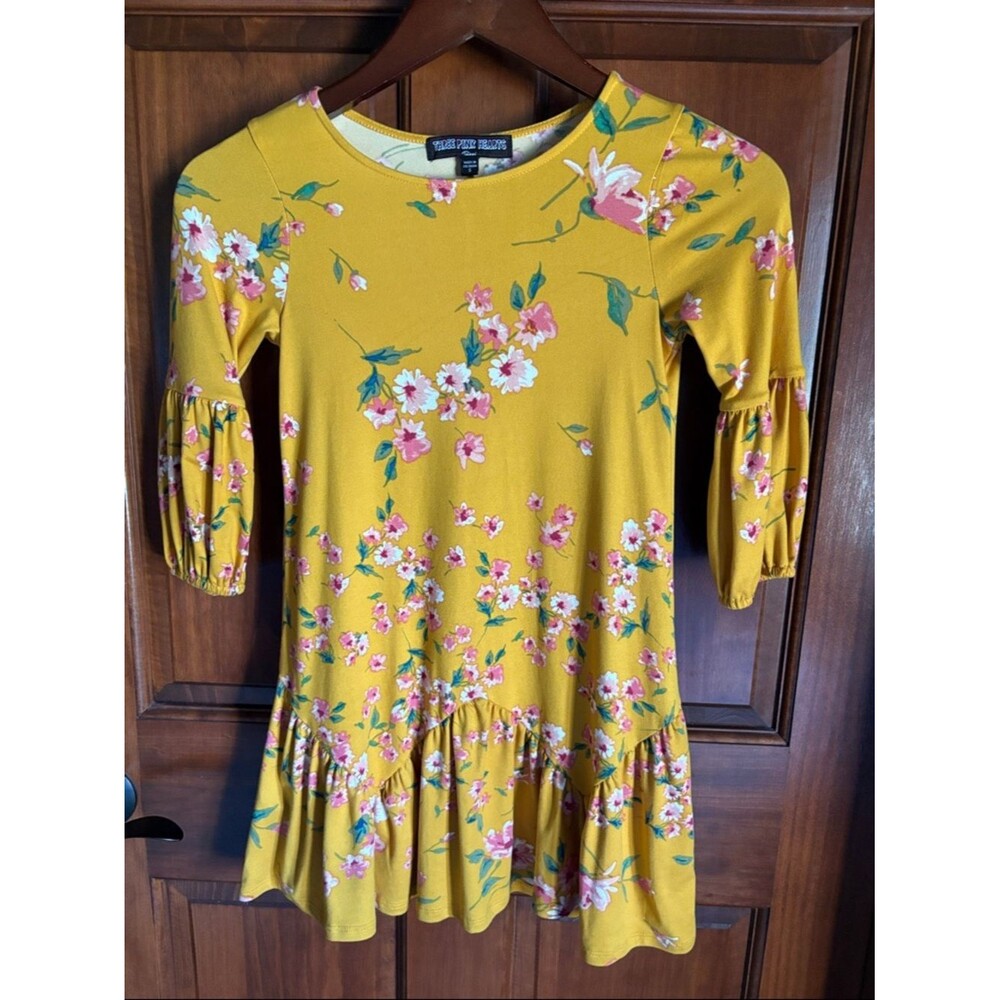 Three Hearts Yellow Floral Ruffle-Hem and 3/4 Ruffle Sleeves Dress Girls Size S